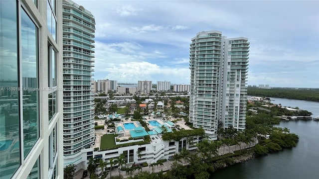 property's view of city with a water view