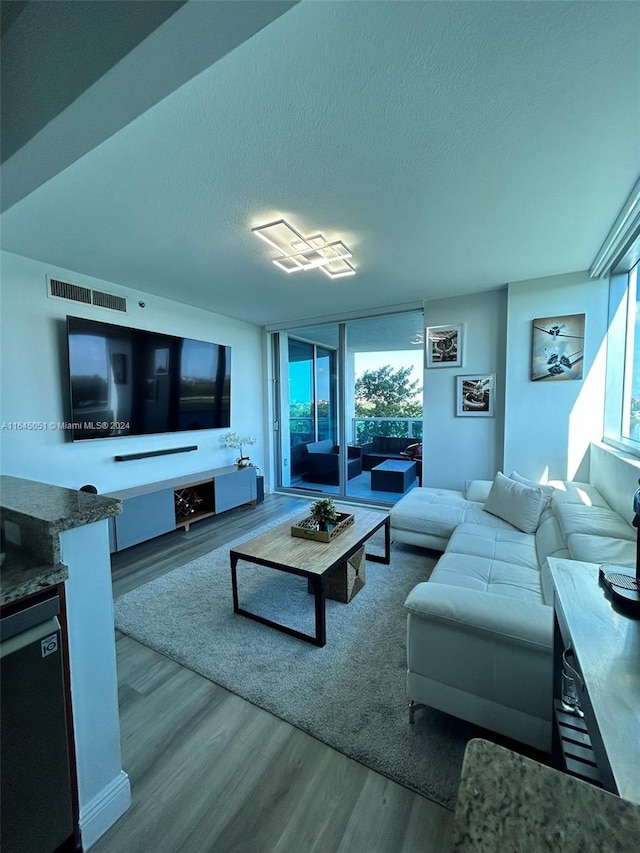 living room featuring a textured ceiling and wood-type flooring