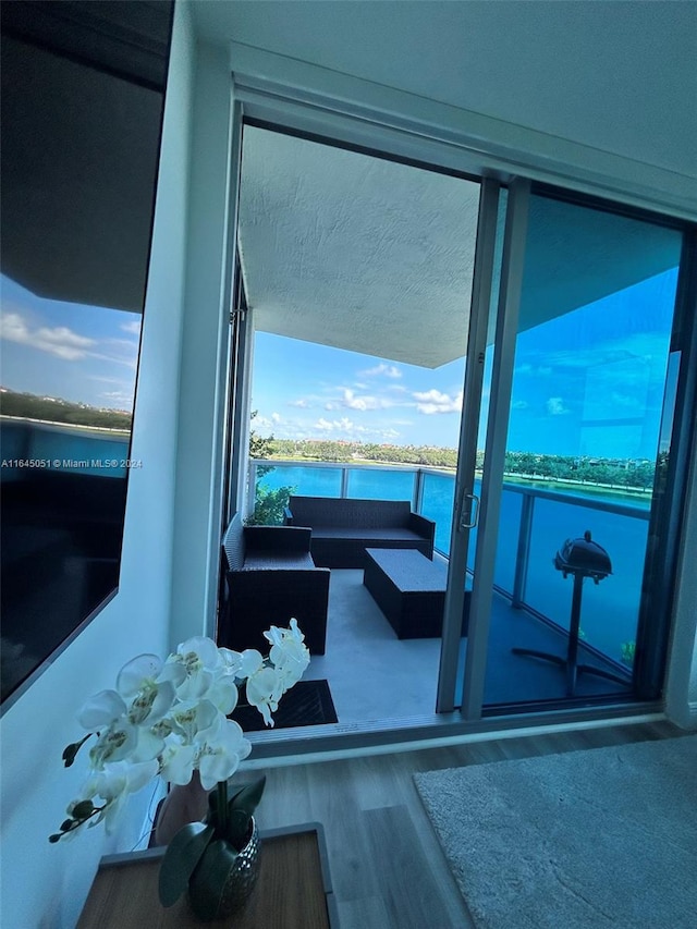 interior space featuring hardwood / wood-style flooring and a water view