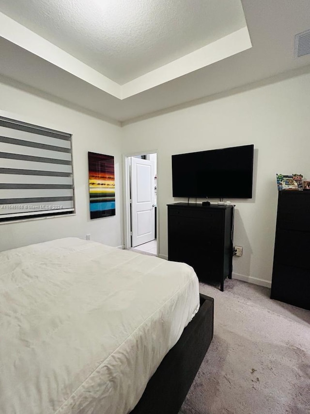 bedroom with light colored carpet, a raised ceiling, and a textured ceiling