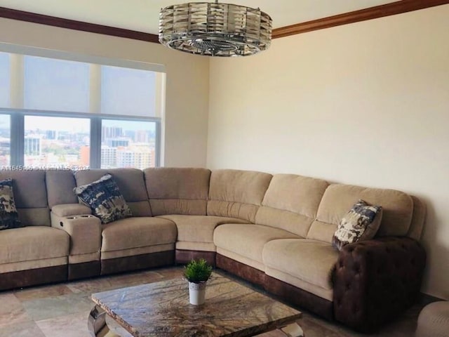 tiled living room featuring ornamental molding