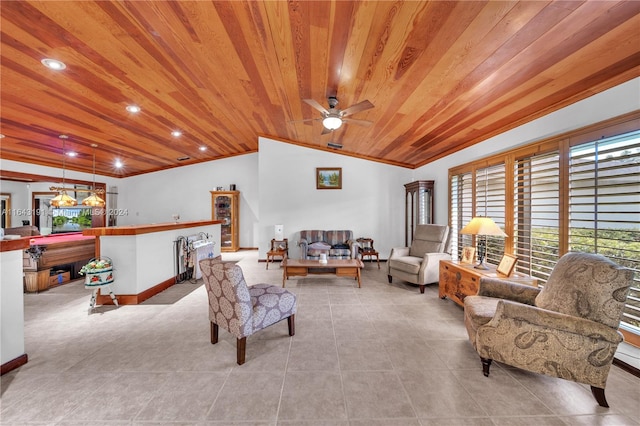 tiled living room featuring ceiling fan, vaulted ceiling, and wooden ceiling