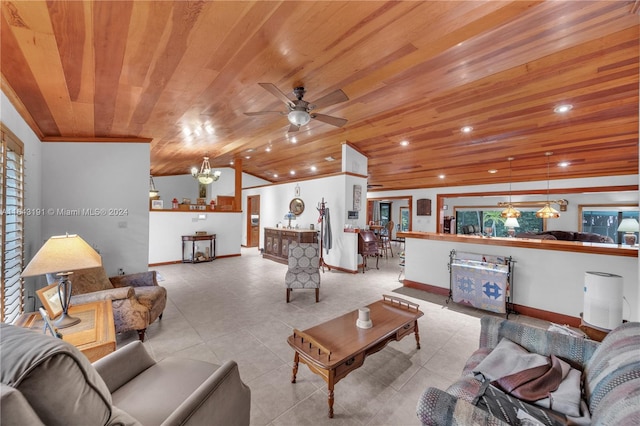 living room with vaulted ceiling, ceiling fan with notable chandelier, wooden ceiling, and light tile patterned floors