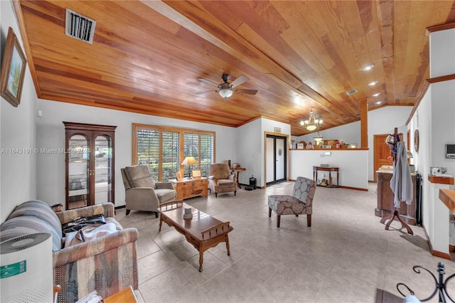 tiled living room featuring wooden ceiling, ceiling fan with notable chandelier, and vaulted ceiling