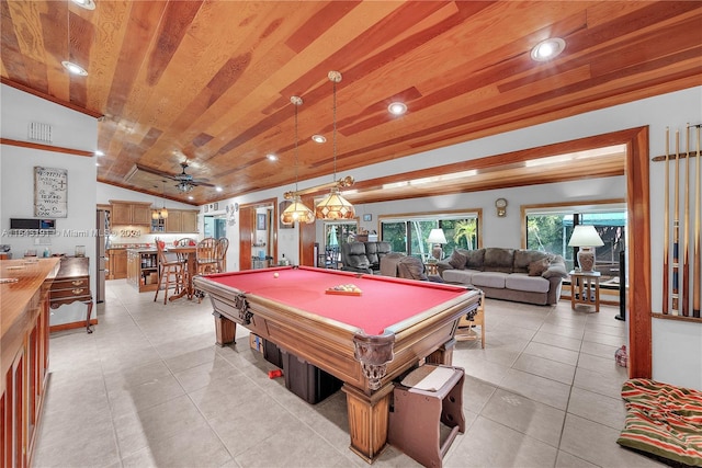 recreation room with billiards, ceiling fan, light tile patterned floors, and wood ceiling