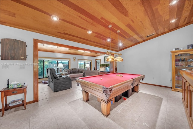 rec room with light tile patterned floors, wood ceiling, and billiards