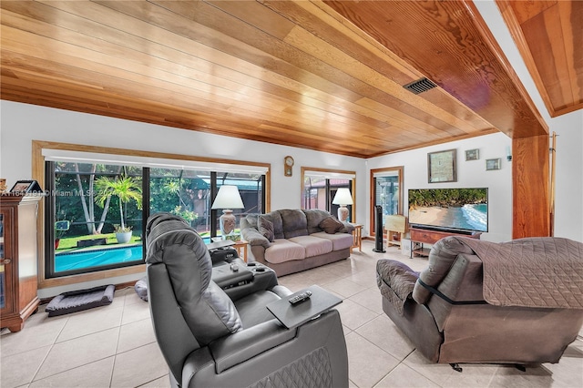 tiled living room with wood ceiling