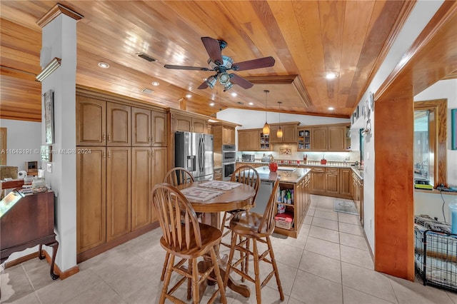 dining area with wood ceiling, ceiling fan, light tile patterned flooring, and vaulted ceiling