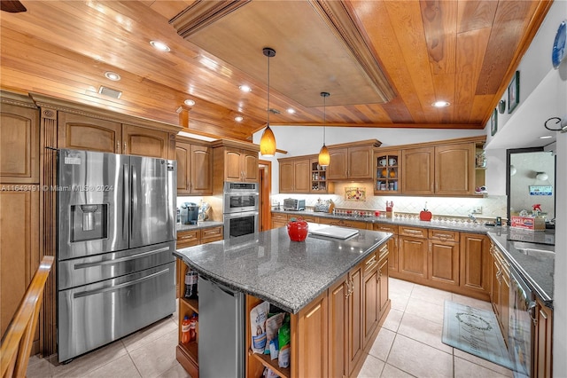 kitchen featuring backsplash, stainless steel appliances, lofted ceiling, wood ceiling, and a center island