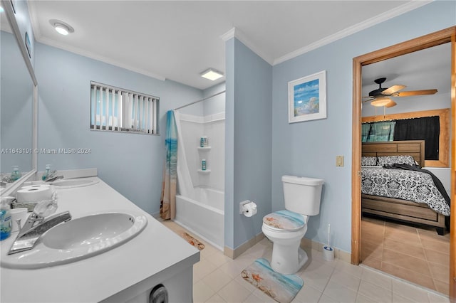 full bathroom featuring ceiling fan, toilet, tile patterned floors, shower / tub combo, and dual bowl vanity