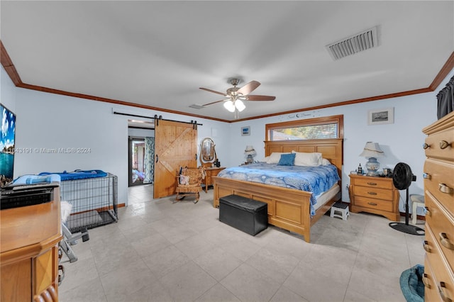 tiled bedroom with ceiling fan, crown molding, and a barn door