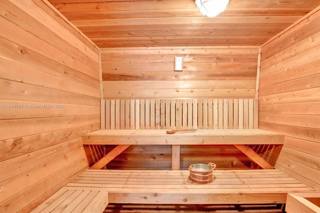 view of sauna / steam room with wood walls and wooden ceiling