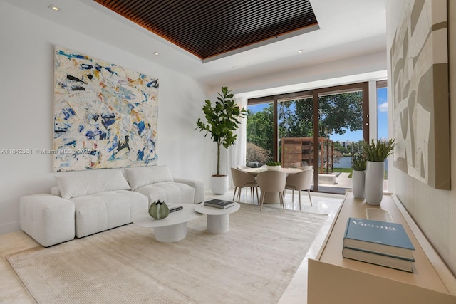 living room featuring a raised ceiling