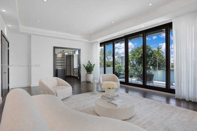 living room with a water view, a raised ceiling, and hardwood / wood-style flooring