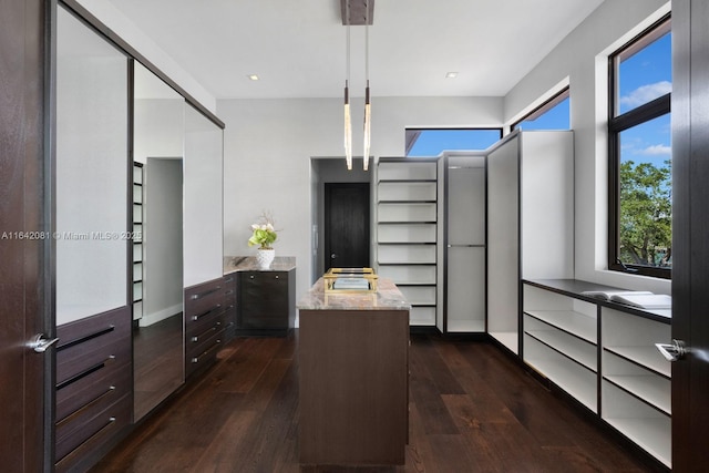 walk in closet with dark hardwood / wood-style flooring