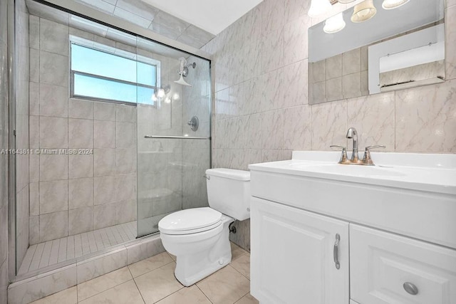 4800 Hillcrest Ln Unit 210, Hollywood, FL 33021 - full bathroom with tile walls, a shower stall, toilet, vanity, and tile patterned floors