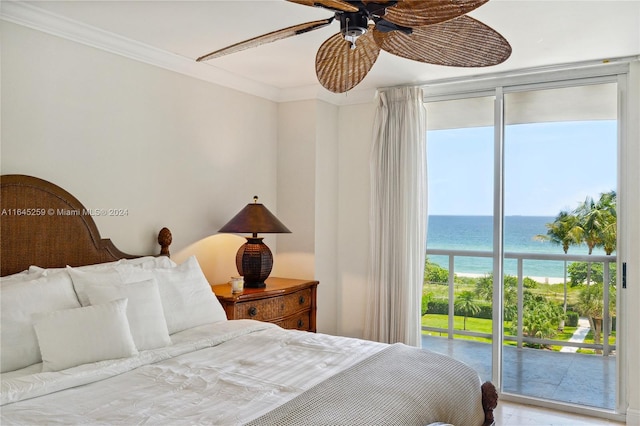 bedroom with ceiling fan, a water view, access to exterior, and crown molding