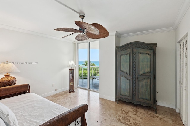 tiled bedroom featuring ceiling fan, a closet, access to outside, and crown molding