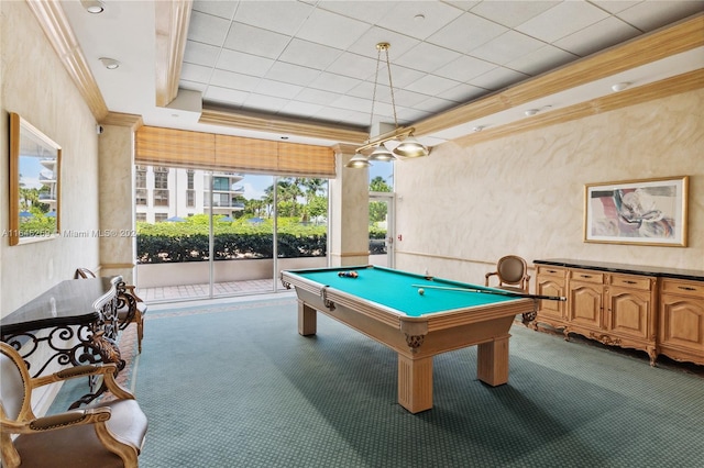 playroom with a tray ceiling, carpet, crown molding, and pool table