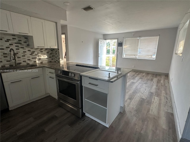 kitchen featuring kitchen peninsula, tasteful backsplash, dark wood-type flooring, electric stove, and white cabinets