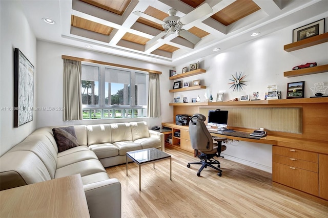 home office with built in desk, light hardwood / wood-style floors, coffered ceiling, beamed ceiling, and ceiling fan