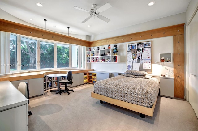 bedroom with light carpet and ceiling fan