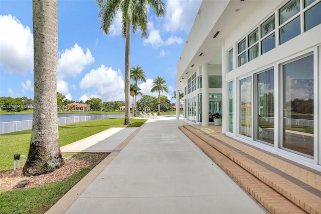 exterior space with a water view