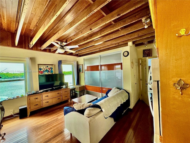 living room with ceiling fan, beam ceiling, and hardwood / wood-style floors