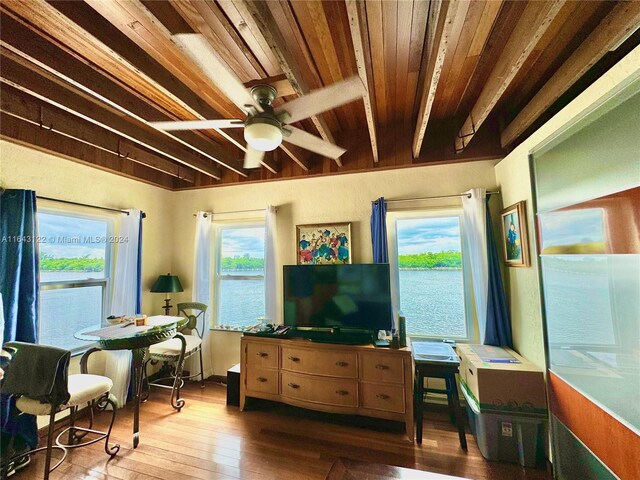 living room featuring ceiling fan, beam ceiling, dark hardwood / wood-style floors, and wooden ceiling