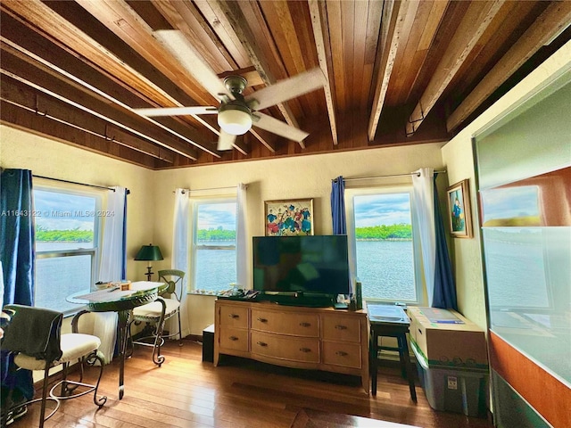 living area with wooden ceiling, ceiling fan, beam ceiling, and wood finished floors