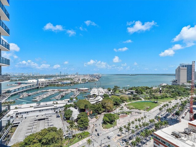 aerial view featuring a water view