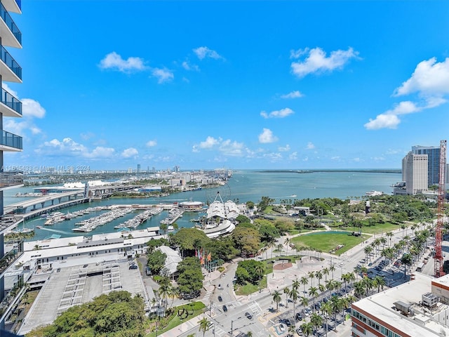 birds eye view of property with a water view and a view of city