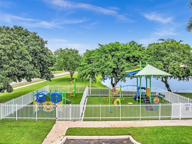 view of play area featuring a water view