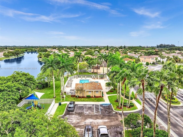 drone / aerial view featuring a water view