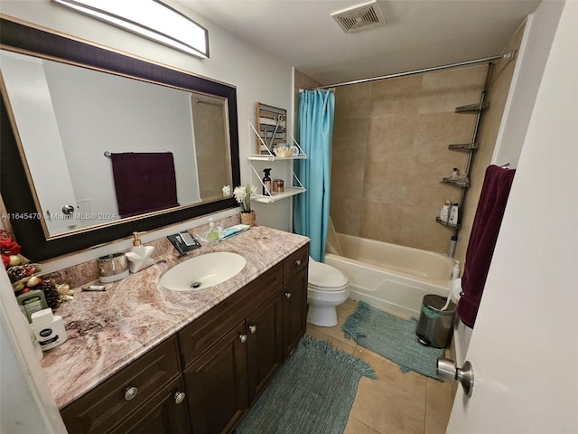 bathroom featuring visible vents, toilet, shower / tub combo with curtain, tile patterned floors, and vanity