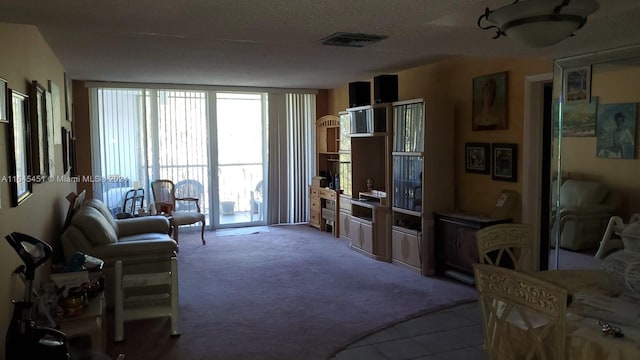 living area with carpet floors and a textured ceiling