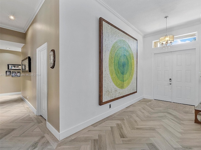 entryway featuring a textured ceiling, crown molding, and light parquet flooring