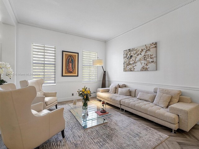 living room with parquet floors and ornamental molding