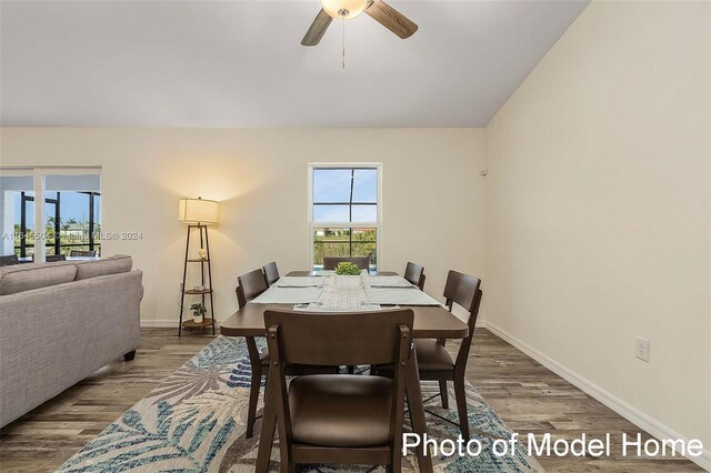 dining room with ceiling fan and wood-type flooring