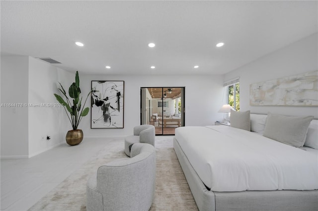 bedroom with access to exterior, recessed lighting, visible vents, and baseboards