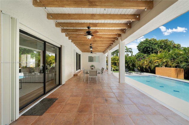 view of patio / terrace featuring outdoor dining area, a ceiling fan, and a fenced in pool