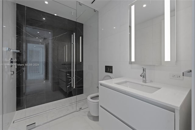 bathroom with a shower with shower door, toilet, tile walls, and vanity