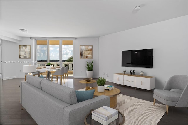 living room featuring dark hardwood / wood-style flooring and floor to ceiling windows