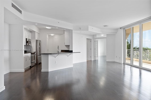 living room with sink, dark hardwood / wood-style flooring, and a wall of windows