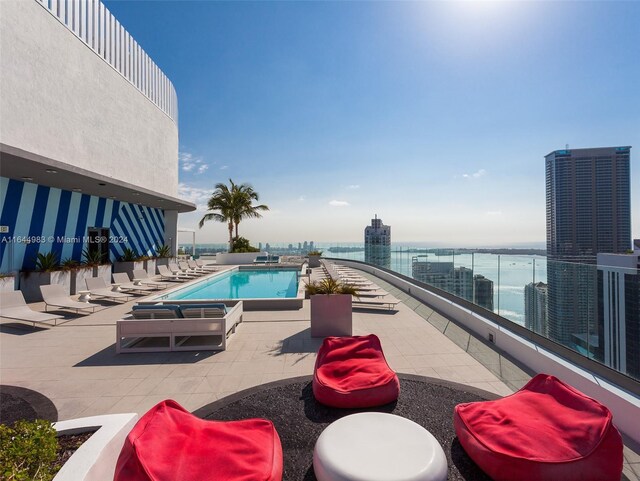 view of pool featuring a water view