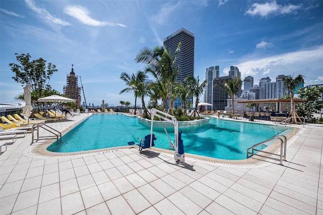 view of swimming pool with a patio area