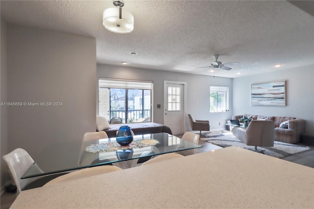 dining space featuring ceiling fan and a textured ceiling