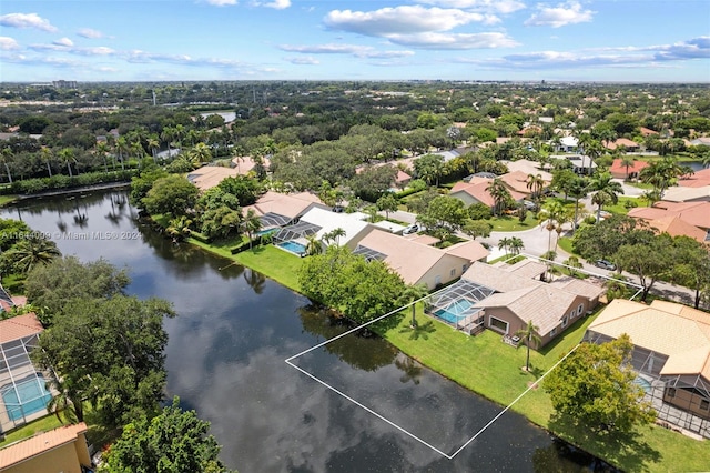 drone / aerial view featuring a water view