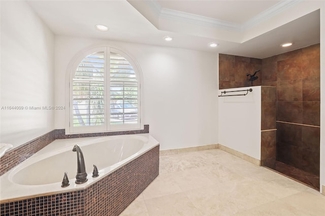 bathroom featuring independent shower and bath, crown molding, and tile patterned floors