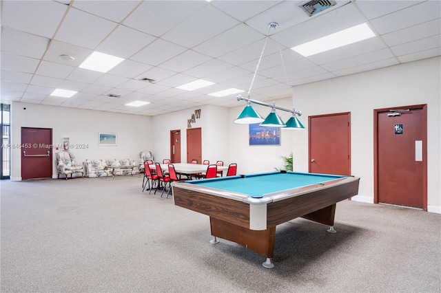 rec room featuring light carpet, pool table, and a drop ceiling